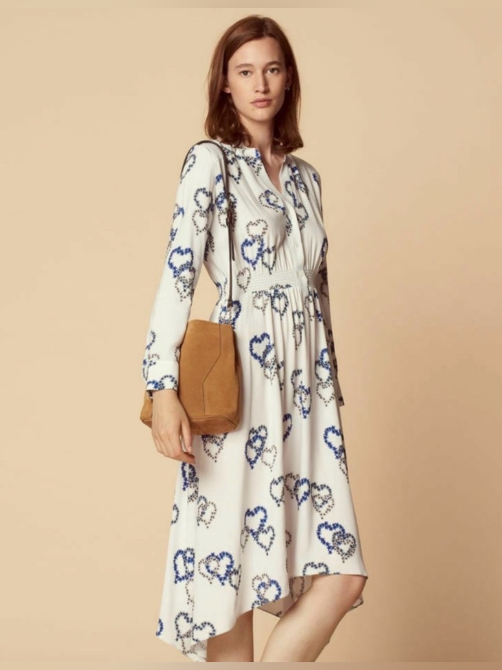 Sandro White Long Sleeve Assymeyrical Midi Dress with Blue Heart Print, Size 6